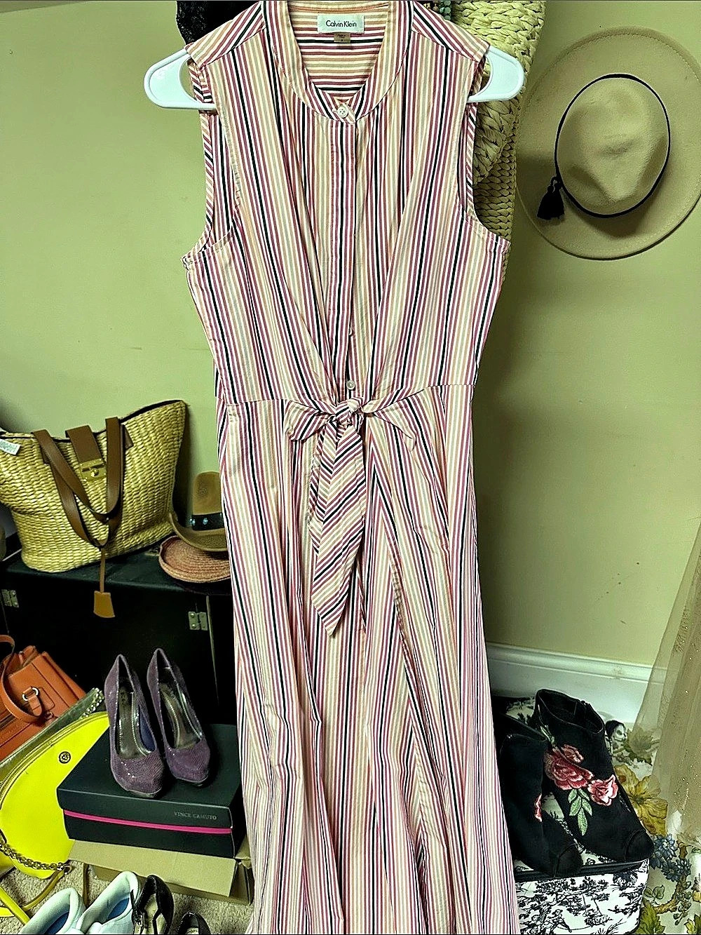 Calvin Klein Striped Maxi Dress Pink & White Size 8 Like New